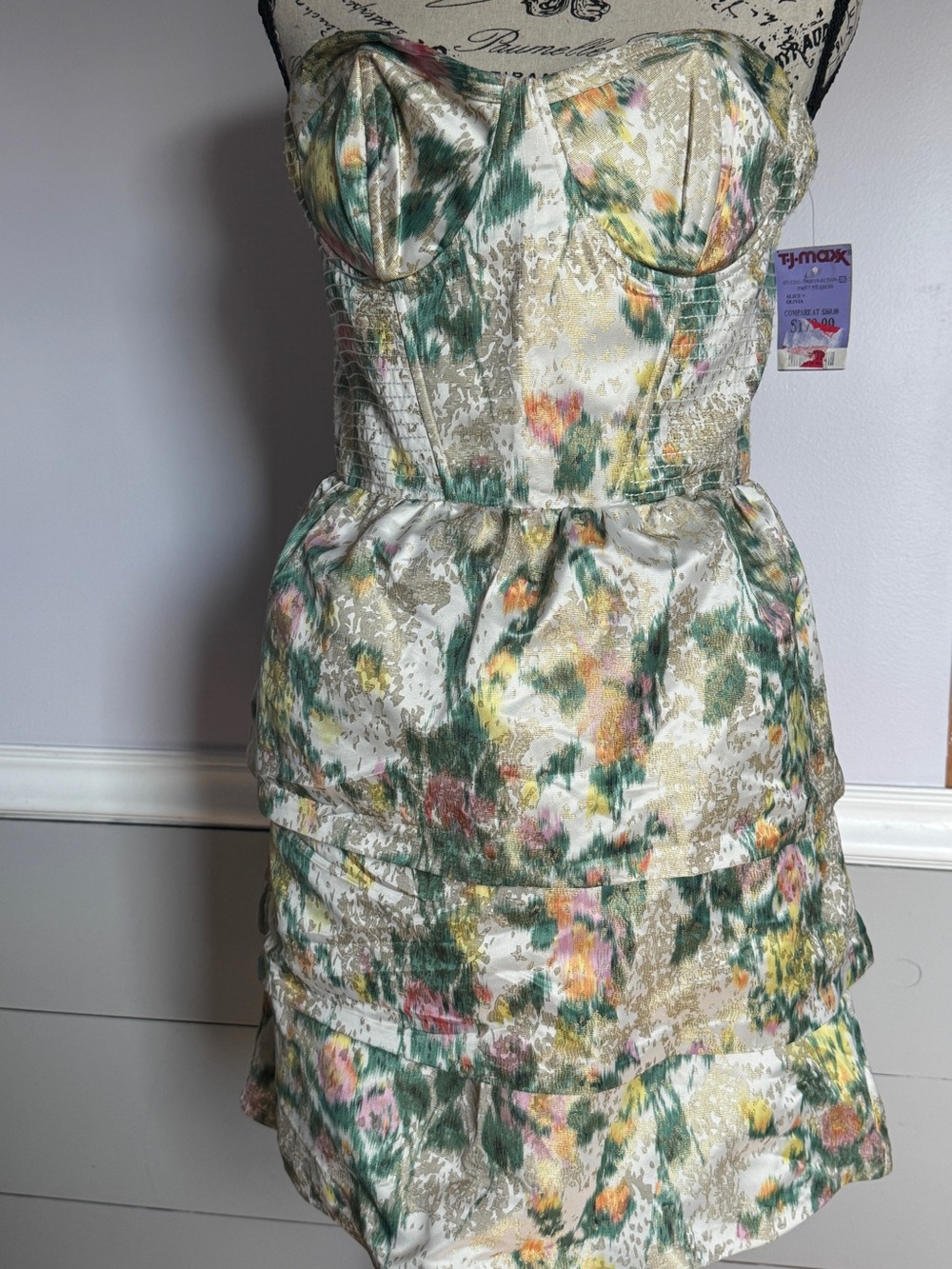 Alice + Olivia - Floral Satin Fit & Flare Dress - Green Multi Size 12